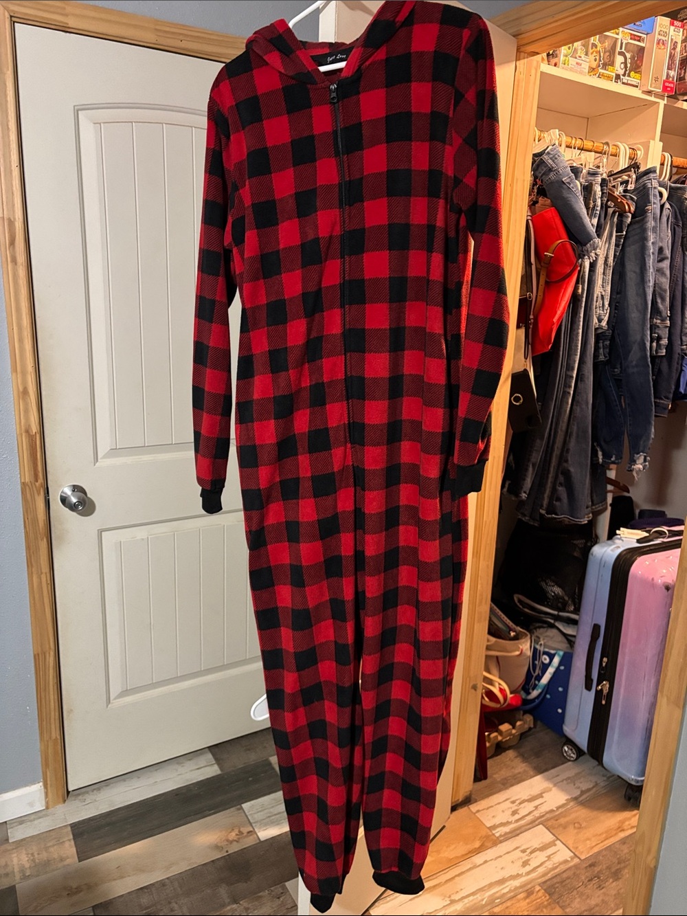Women’s Red and Black Buffalo Plaid Hooded Onesie Pajamas